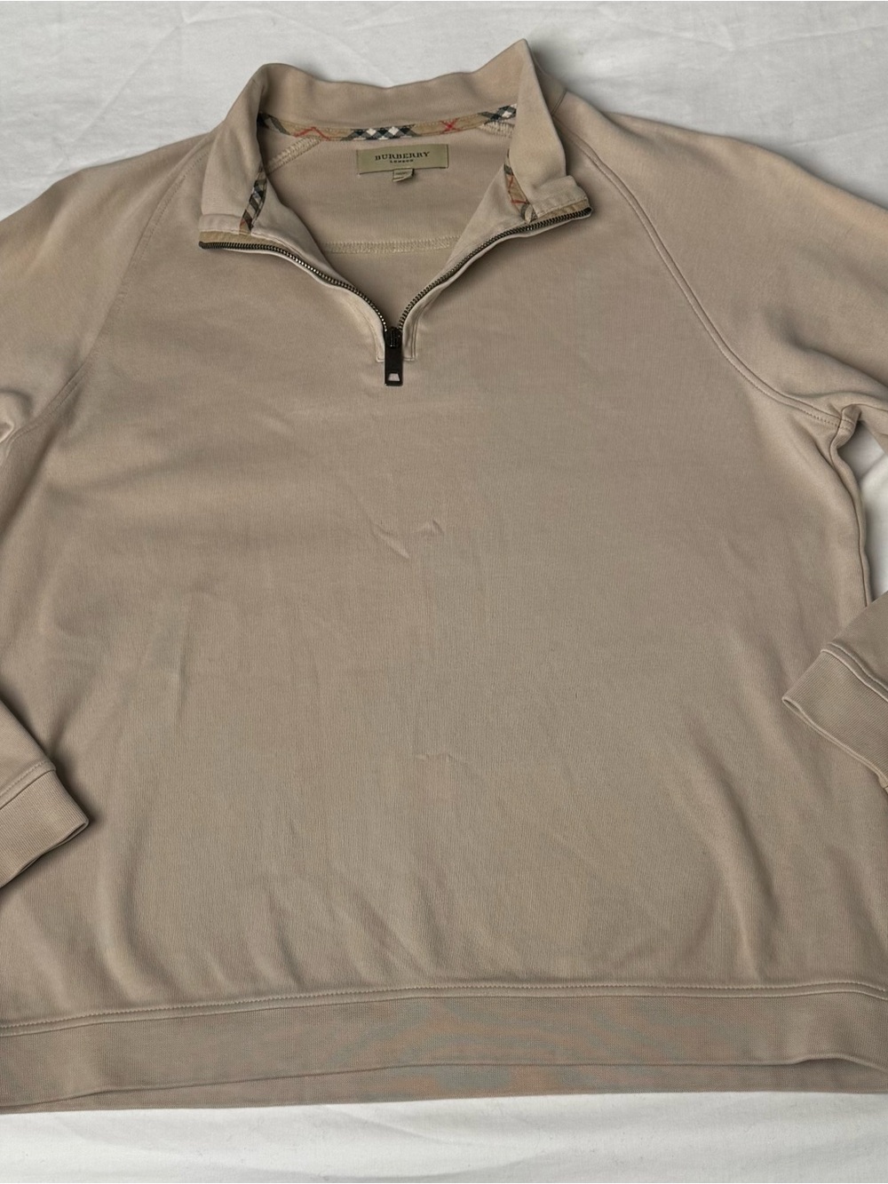Burberry London Quarter Zip Pullover Sweatshirt Beige Nova Check Trim Size Large